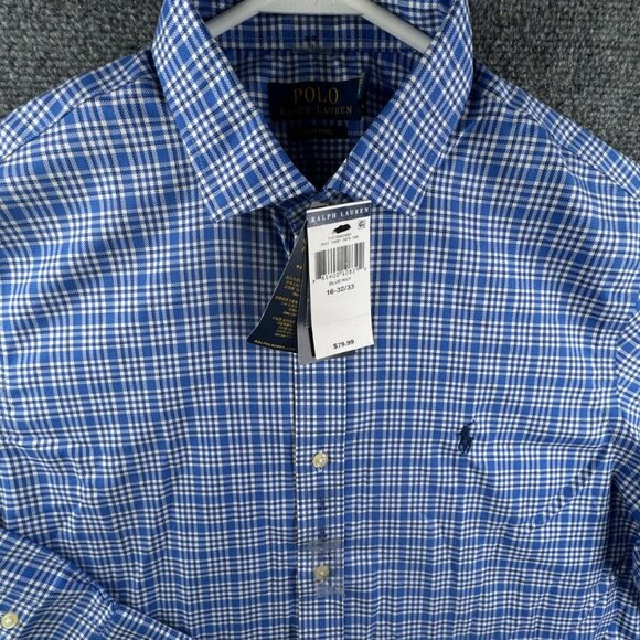 NWT Polo Ralph Lauren Men Cotton Button Up Shirt Blue Plaid Easy Care 16 32/33 - Picture 1 of 15